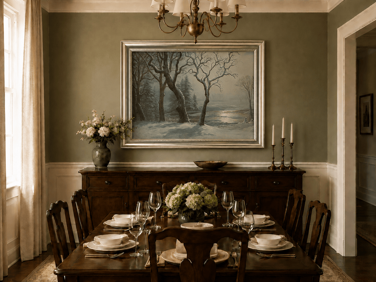 Framed hand-painted winter river oil painting with bare trees in a snowy forest displayed above a formal dining table.