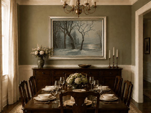 Framed hand-painted winter river oil painting with bare trees in a snowy forest displayed above a formal dining table.