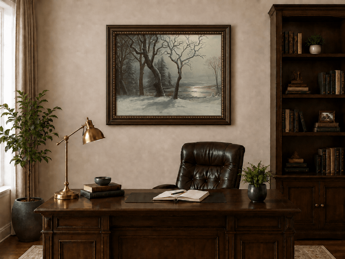 Framed hand-painted winter river oil painting with bare trees in a snowy forest displayed above a traditional home office desk.