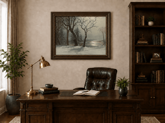 Framed hand-painted winter river oil painting with bare trees in a snowy forest displayed above a traditional home office desk.
