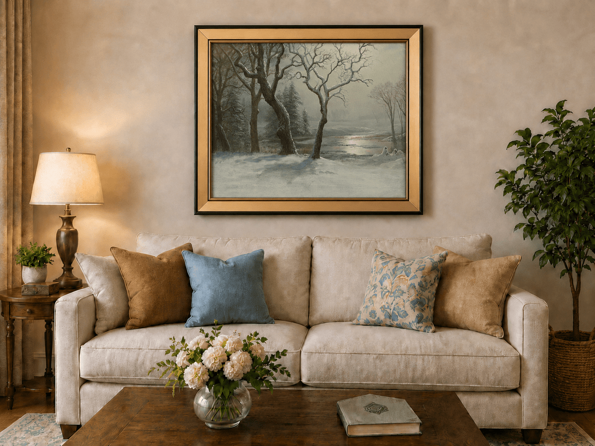 Framed hand-painted winter river oil painting with bare trees in a snowy forest displayed above a neutral living room sofa.