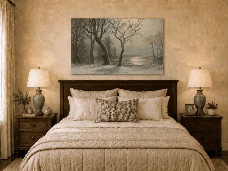 Unframed hand-painted winter river oil painting with bare trees in a snowy forest displayed above a wooden bed in a neutral bedroom.