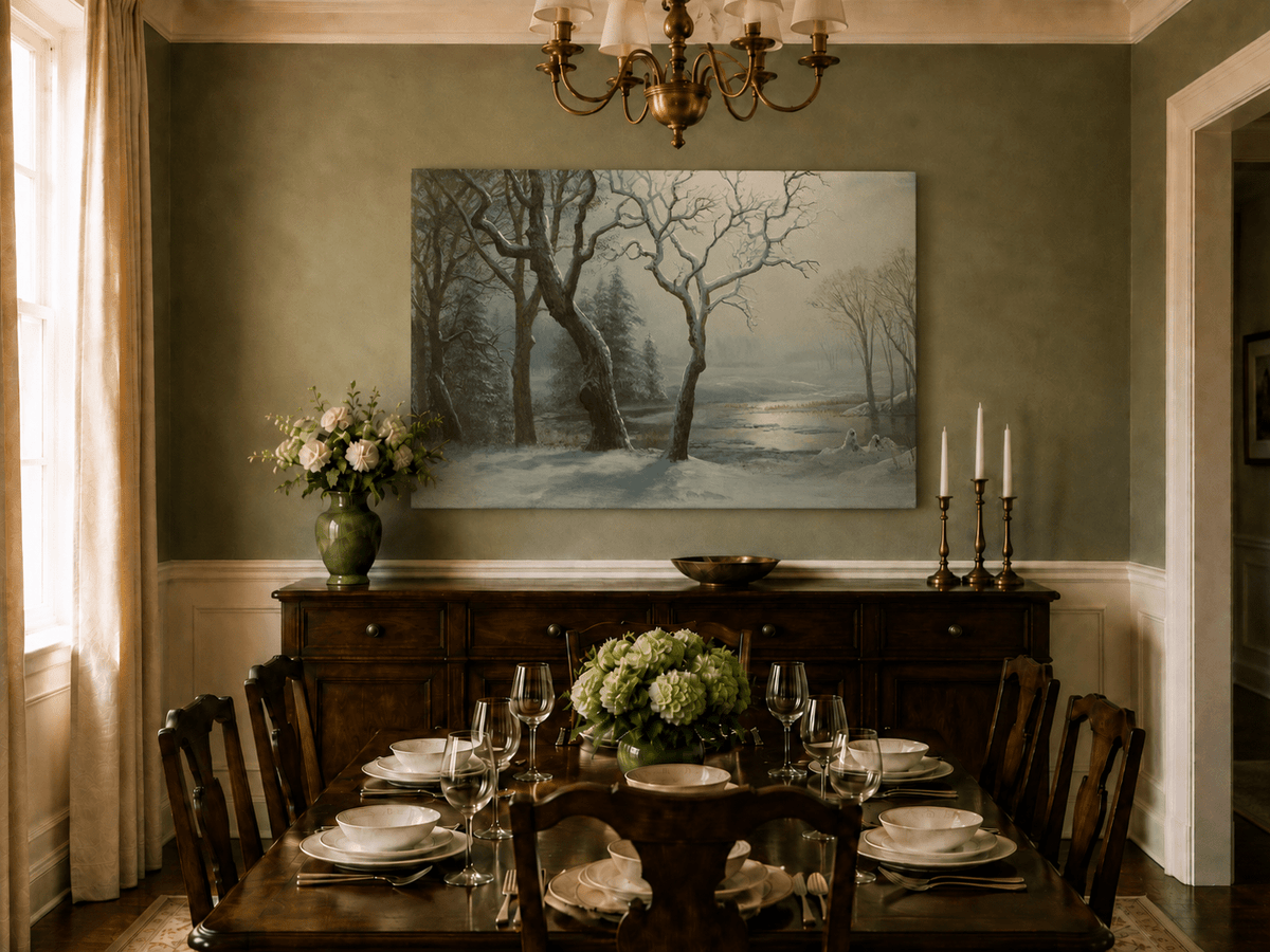 Unframed hand-painted winter river oil painting with bare trees in a snowy forest displayed above a formal dining table.