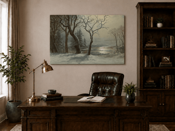 Unframed hand-painted winter river oil painting with bare trees in a snowy forest displayed above a traditional home office desk.