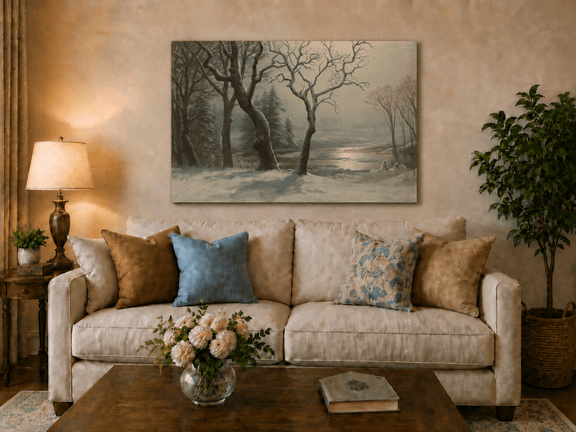 Unframed hand-painted winter river oil painting with bare trees in a snowy forest displayed above a neutral living room sofa.