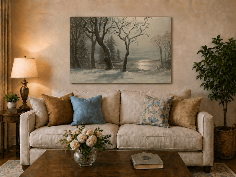 Unframed hand-painted winter river oil painting with bare trees in a snowy forest displayed above a neutral living room sofa.