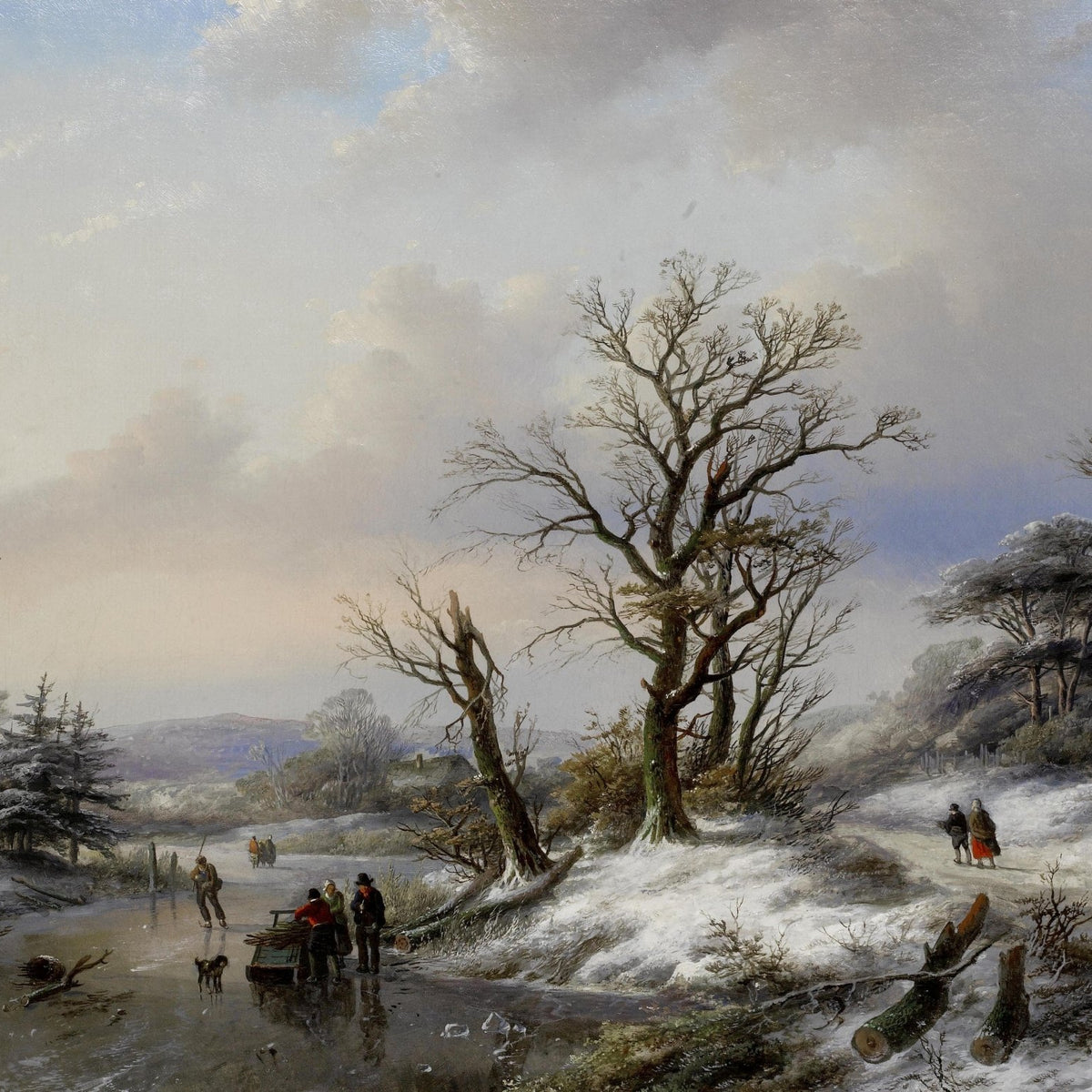 Winter Riverbank with Figures – Hand - Painted Landscape Oil Painting - Oil Painting Haven