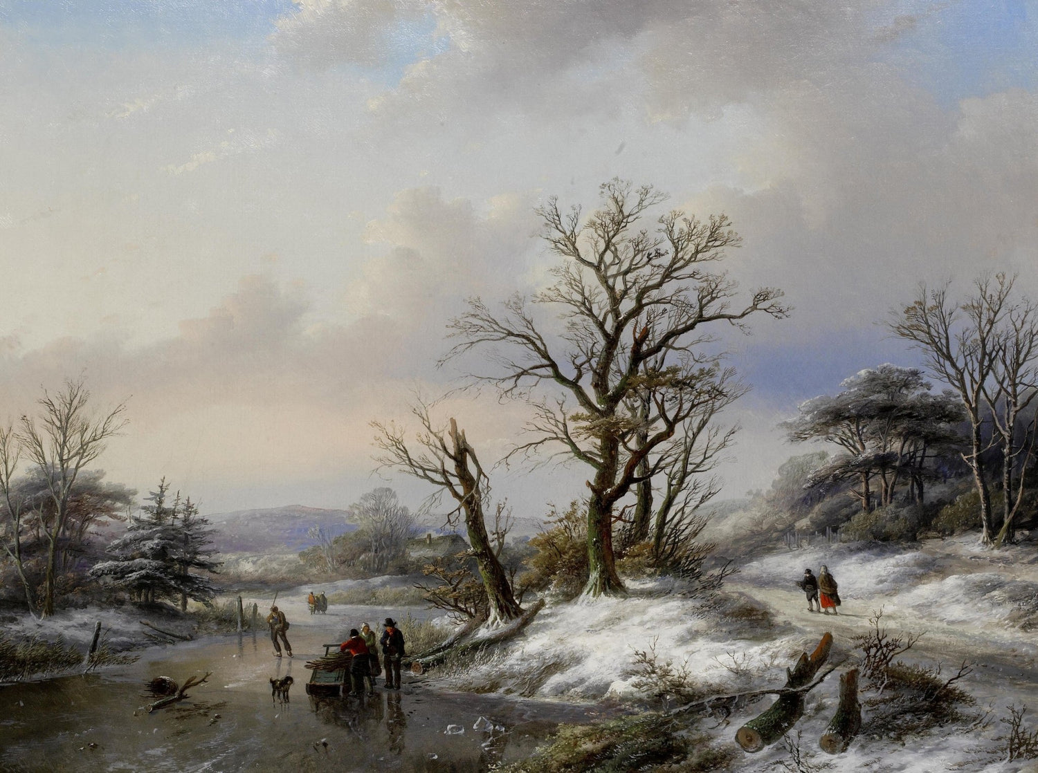 Winter Riverbank with Figures – Hand - Painted Landscape Oil Painting - Oil Painting Haven