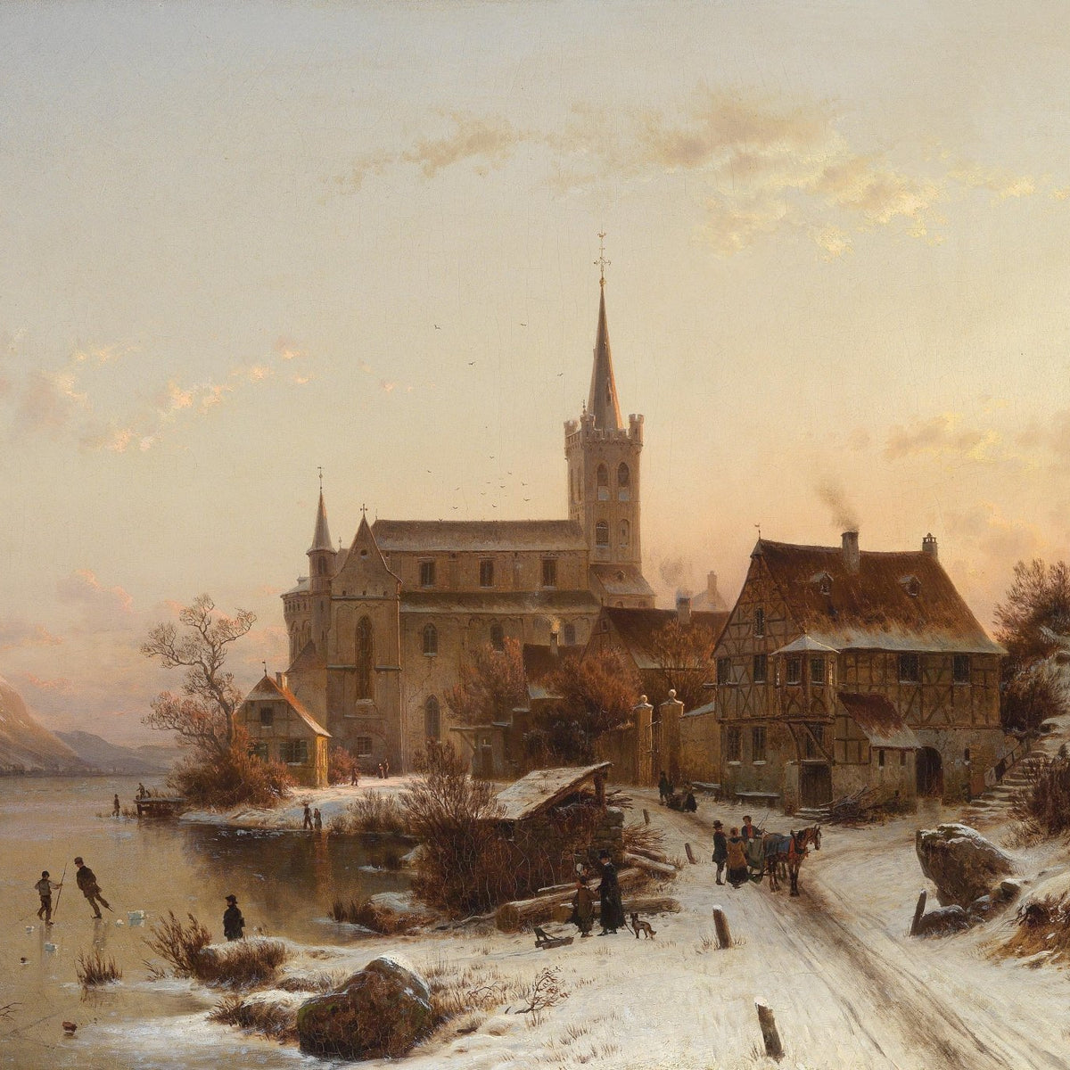 Winter Riverside Village, Church and Figures – Landscape Oil Painting - Oil Painting Haven