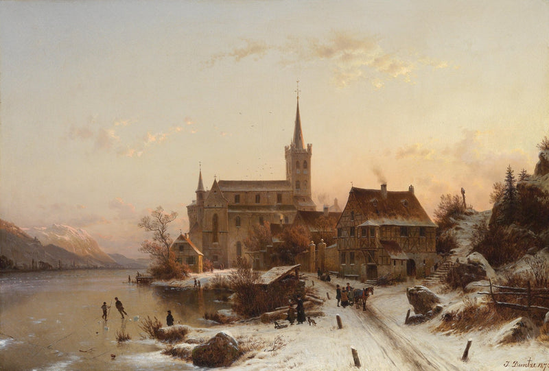 Winter Riverside Village, Church and Figures – Landscape Oil Painting - Oil Painting Haven