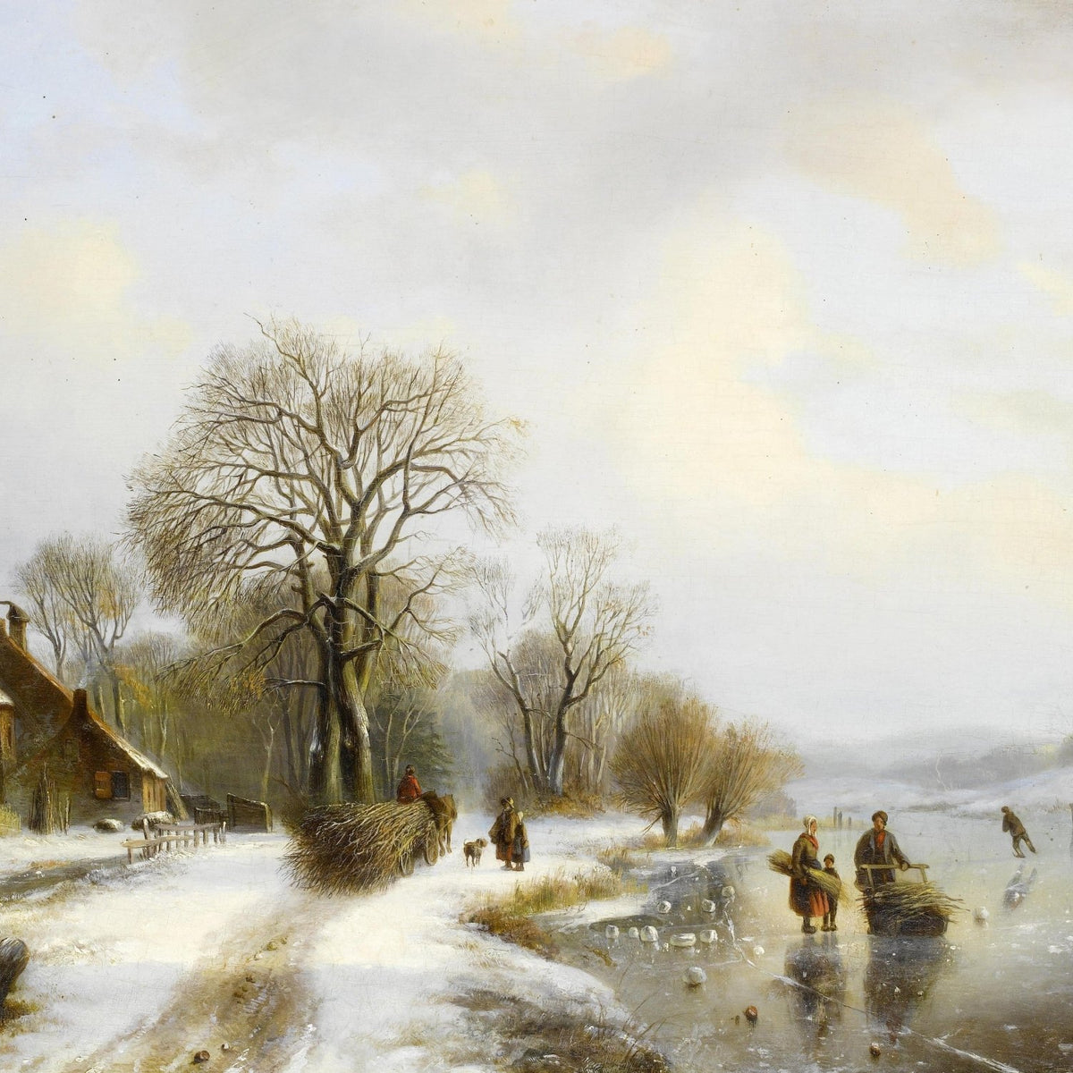 Winter Riverside Village, Figures, Bare Trees – Landscape Oil Painting - Oil Painting Haven