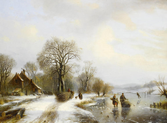 Winter Riverside Village, Figures, Bare Trees – Landscape Oil Painting - Oil Painting Haven