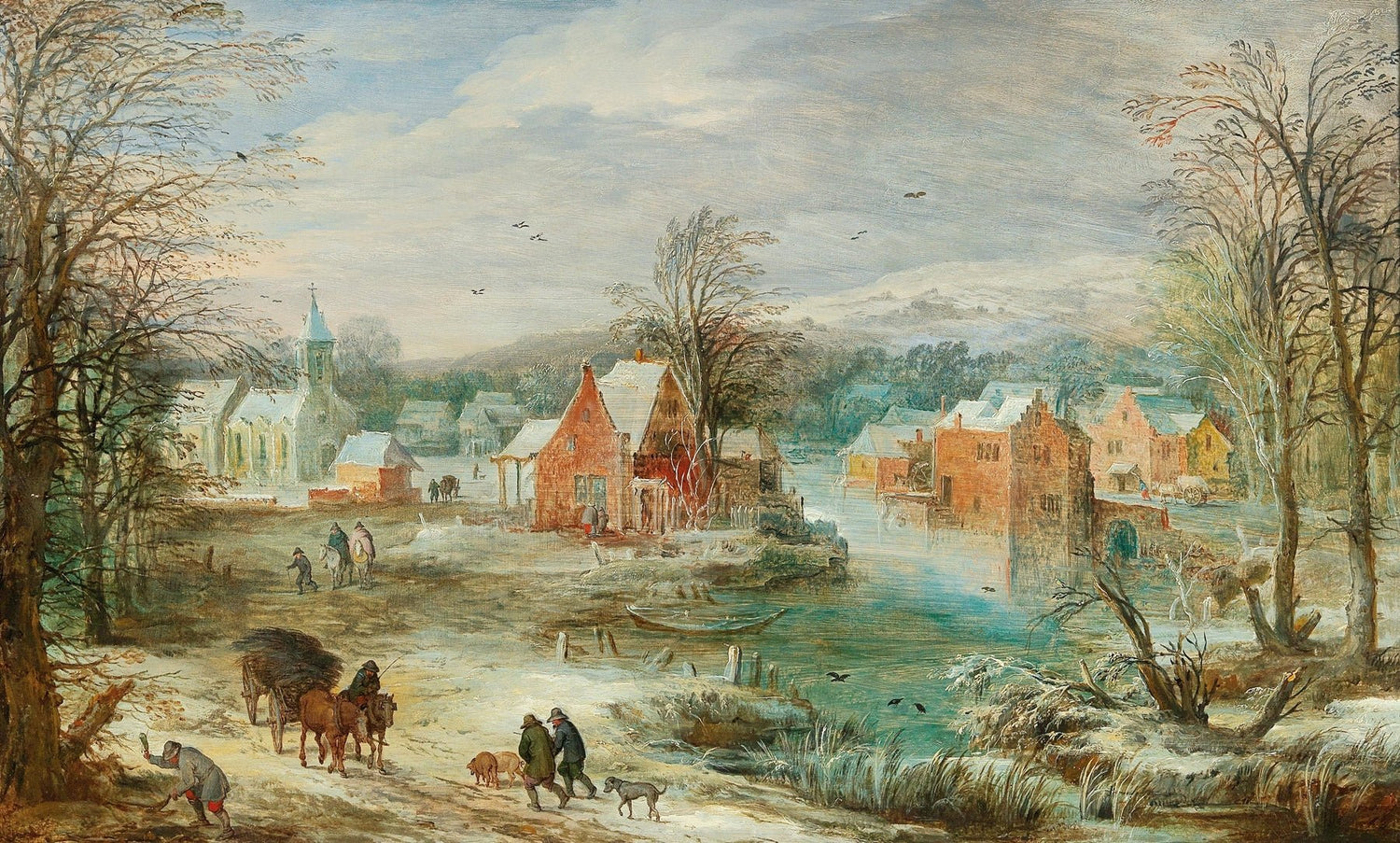 Winter Riverside Village with Figures – Landscape Oil Painting - Oil Painting Haven