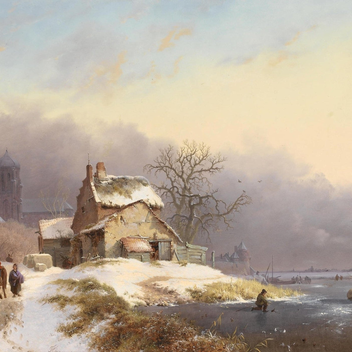 Winter Riverside Village with Figures – Landscape Oil Painting - Oil Painting Haven