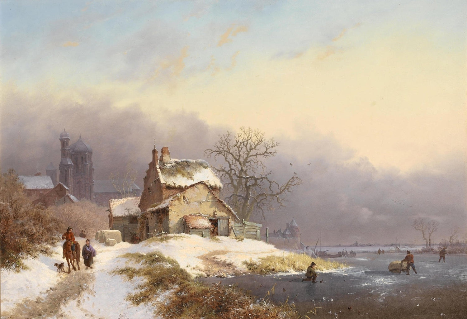 Winter Riverside Village with Figures – Landscape Oil Painting - Oil Painting Haven