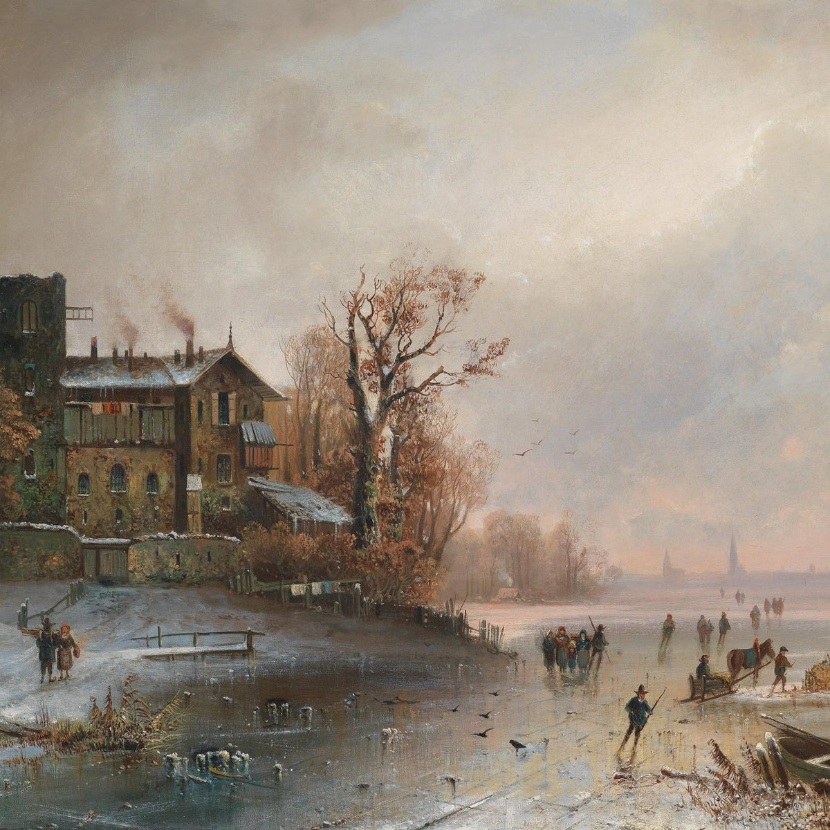 Winter Riverside Village with Skaters, Figures – Landscape Oil Painting - Oil Painting Haven