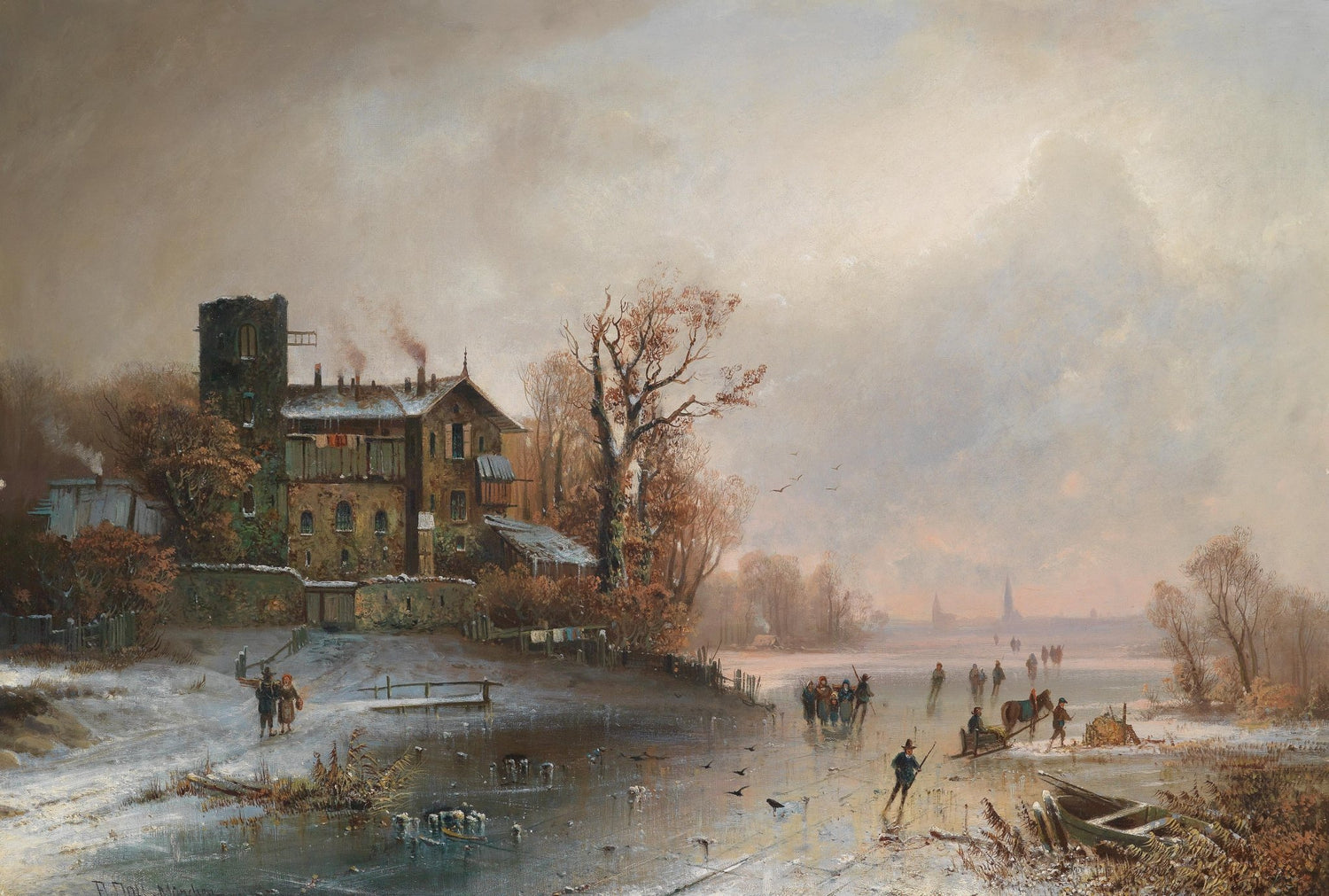 Winter Riverside Village with Skaters, Figures – Landscape Oil Painting - Oil Painting Haven