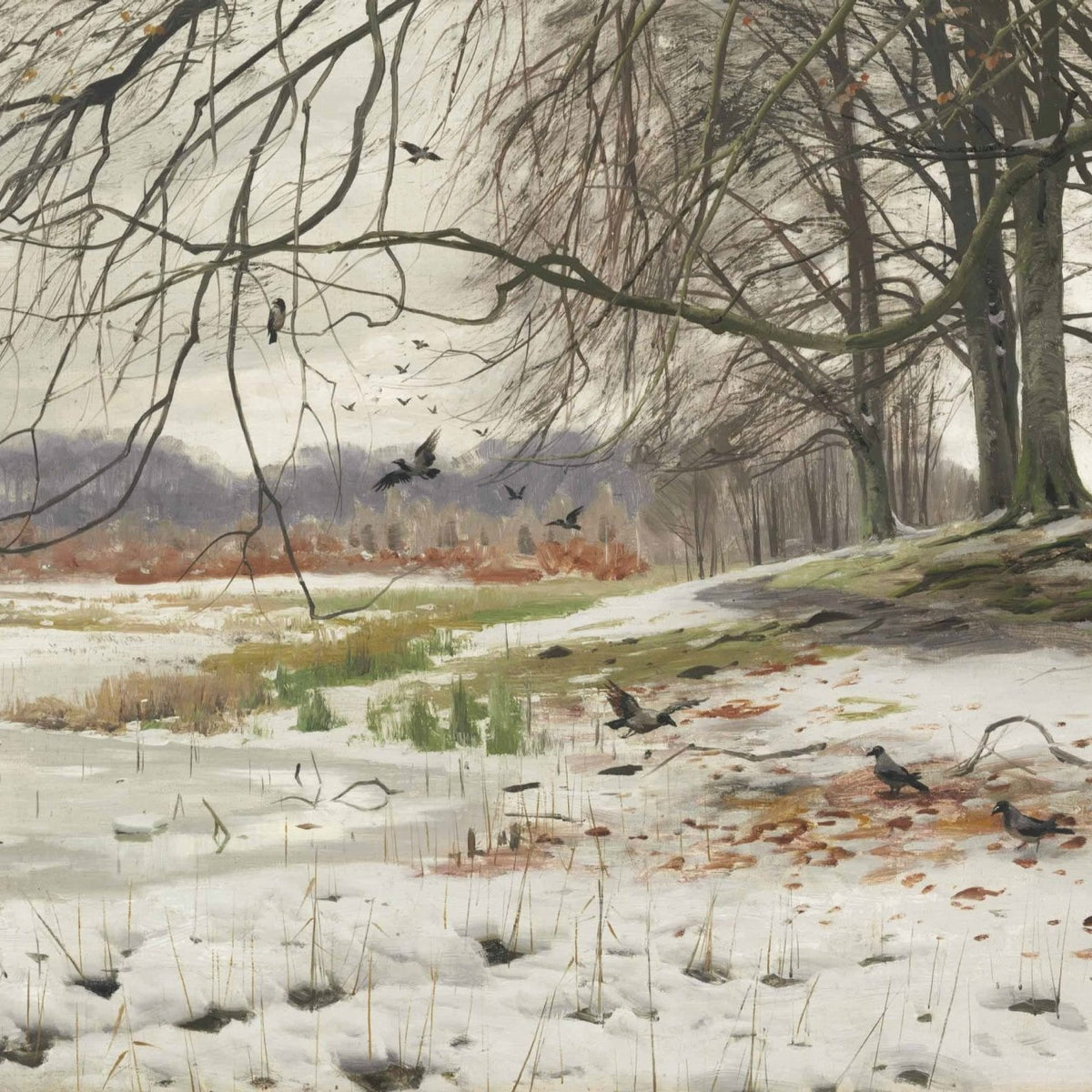 Winter Riverside with Birds – Hand - Painted Landscape Oil Painting - Oil Painting Haven