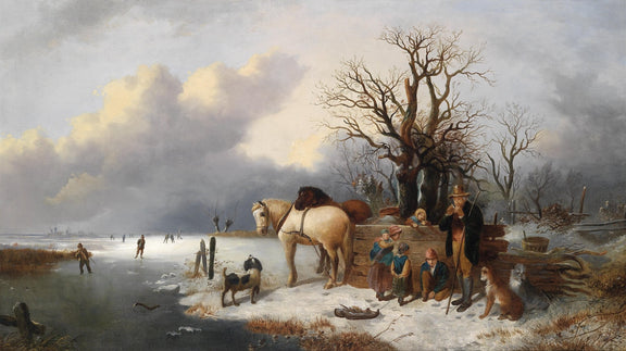 Winter Riverside with Figures and Horses | Hand - Painted Oil Painting - Oil Painting Haven