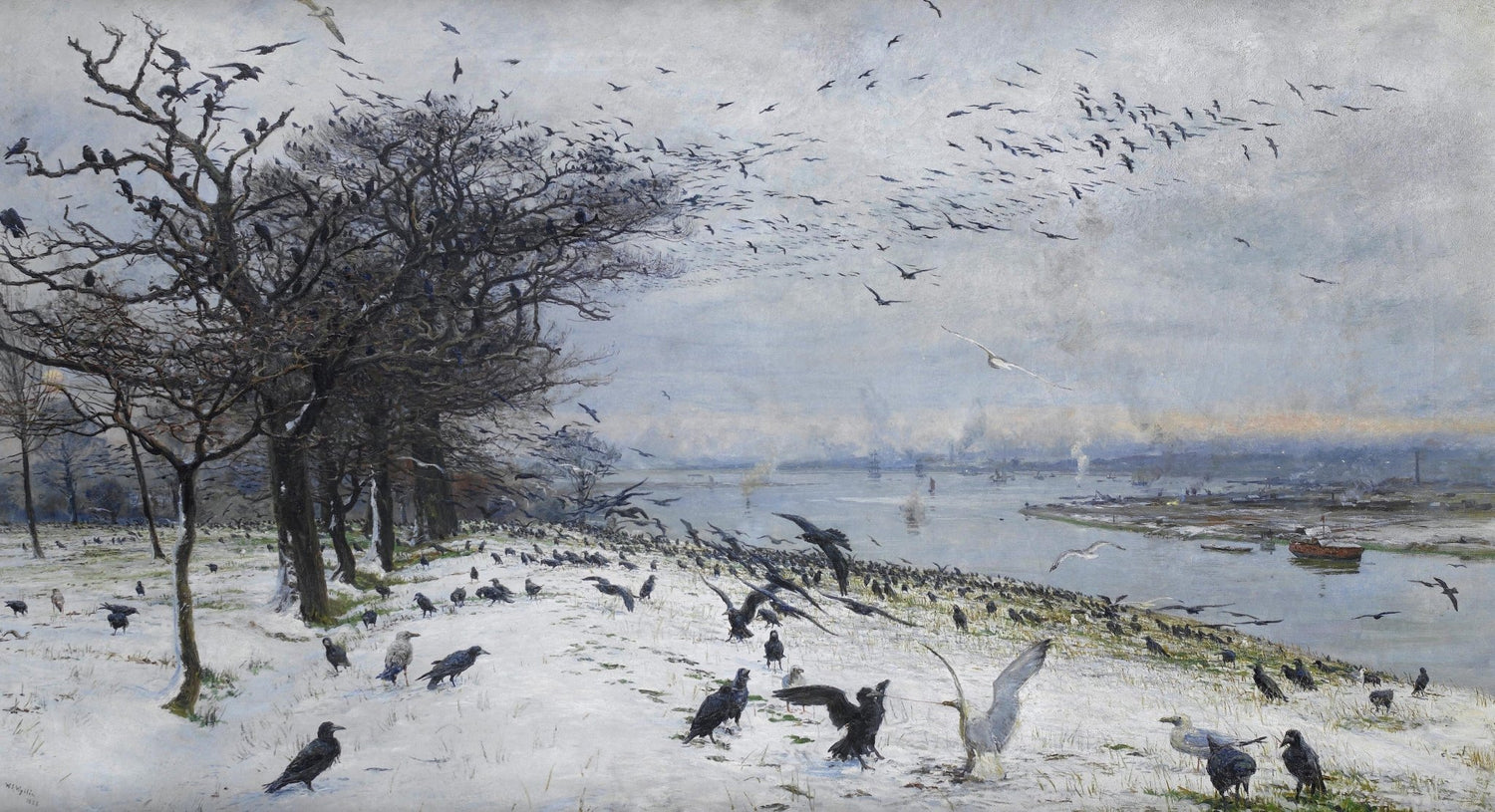 Winter Riverside with Flying Crows - Landscape Oil Painting - Oil Painting Haven
