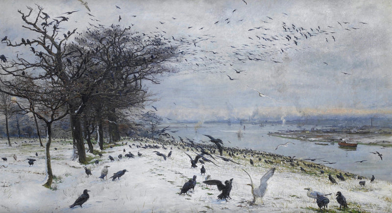 Winter Riverside with Flying Crows - Landscape Oil Painting - Oil Painting Haven