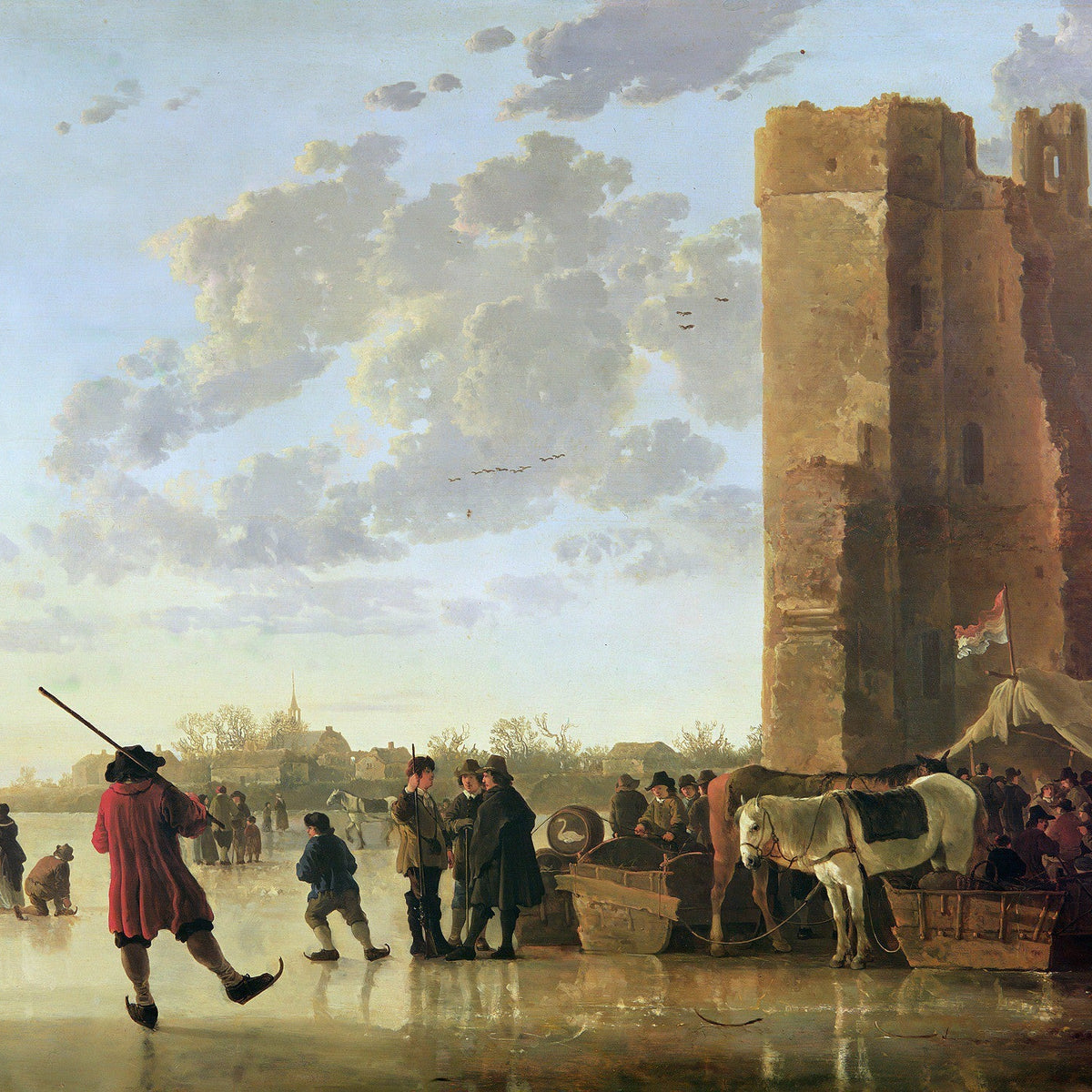 Winter Skaters by an Old Tower - People Oil Painting - Oil Painting Haven