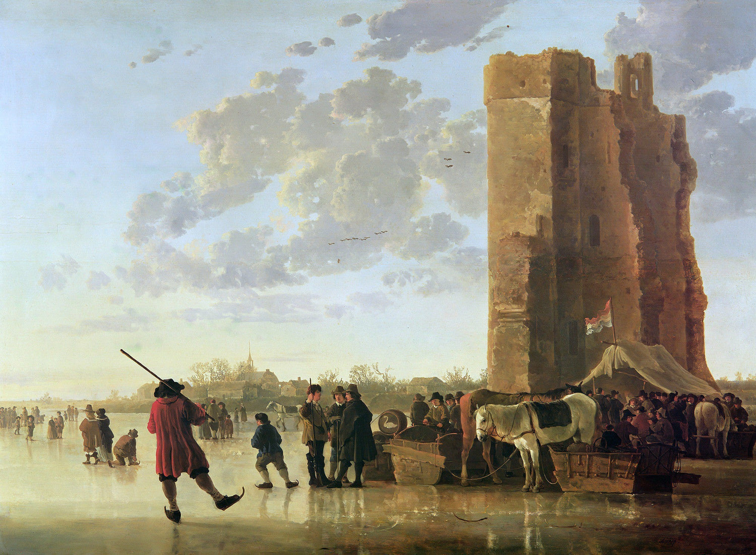 Winter Skaters by an Old Tower - People Oil Painting - Oil Painting Haven