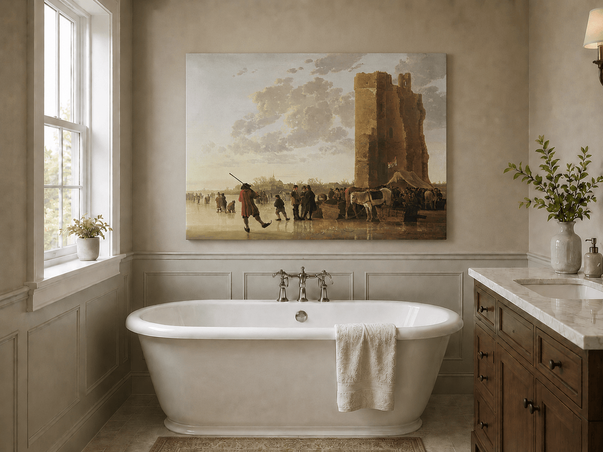 Peinture à l'huile de paysage - Homme à dos d'âne, femme, chien et champ rural