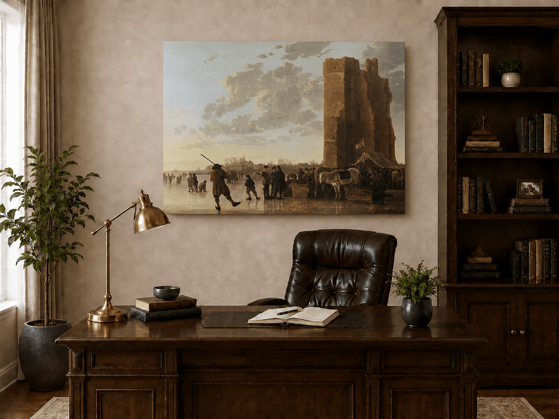 Peinture à l'huile de paysage - Homme à dos d'âne, femme, chien et champ rural