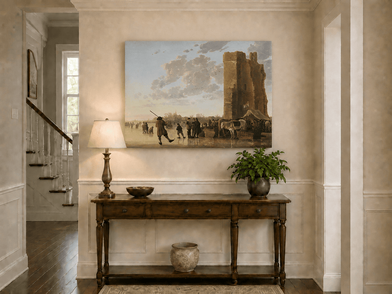 Peinture à l'huile de paysage - Homme à dos d'âne, femme, chien et champ rural