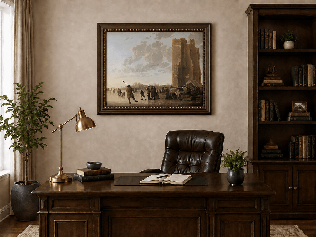Peinture à l'huile de paysage - Homme à dos d'âne, femme, chien et champ rural