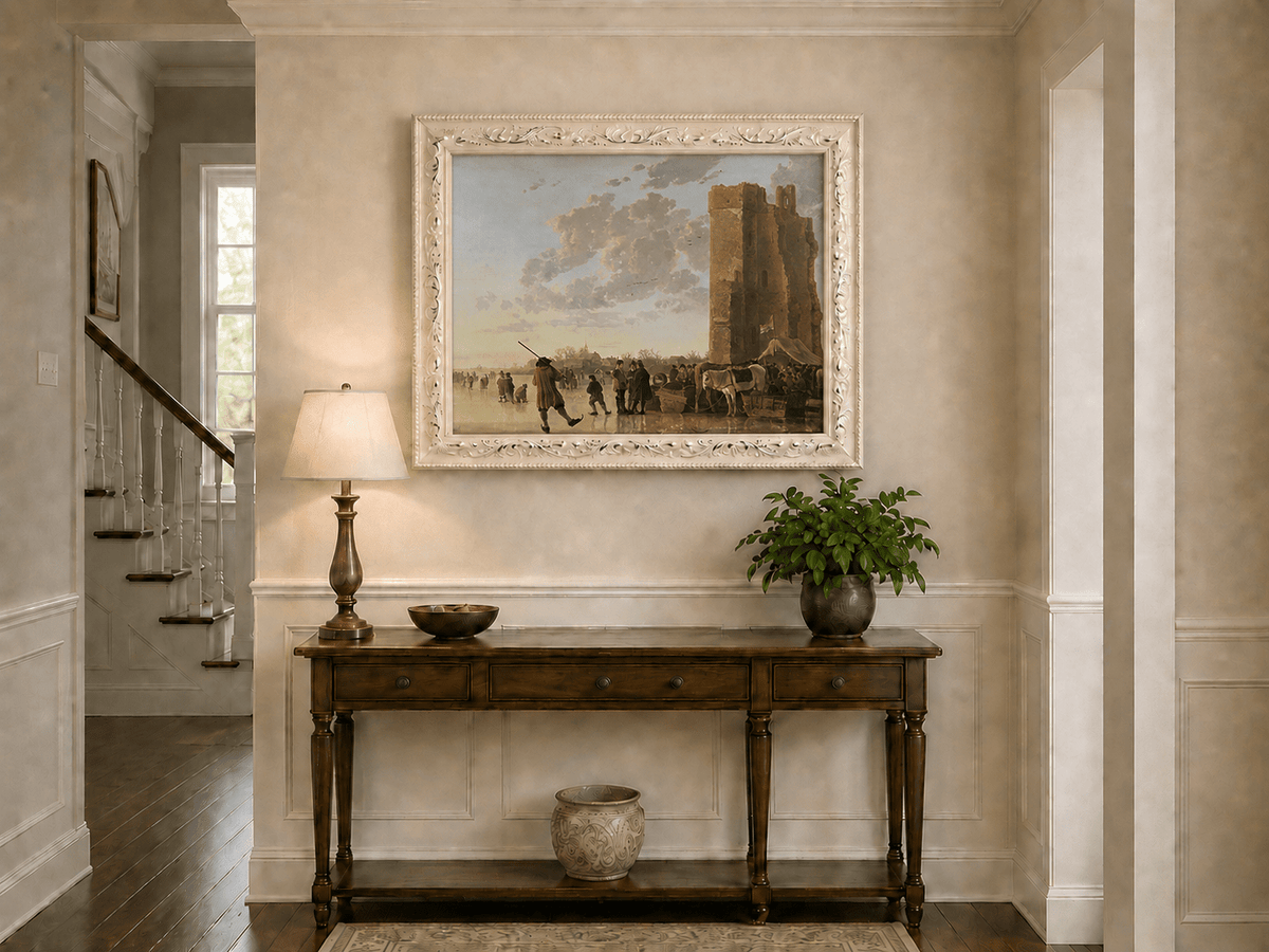 Peinture à l'huile de paysage - Homme à dos d'âne, femme, chien et champ rural