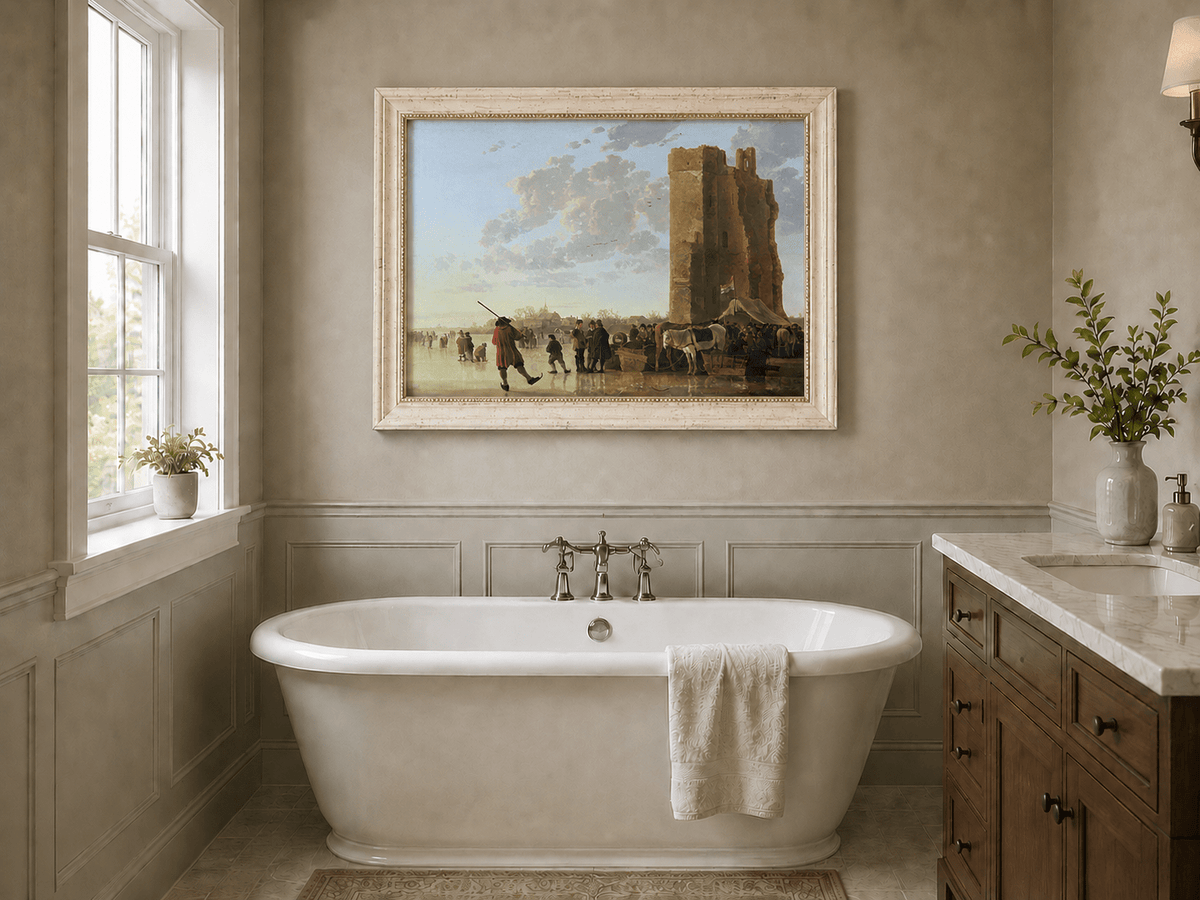 Peinture à l'huile de paysage - Homme à dos d'âne, femme, chien et champ rural