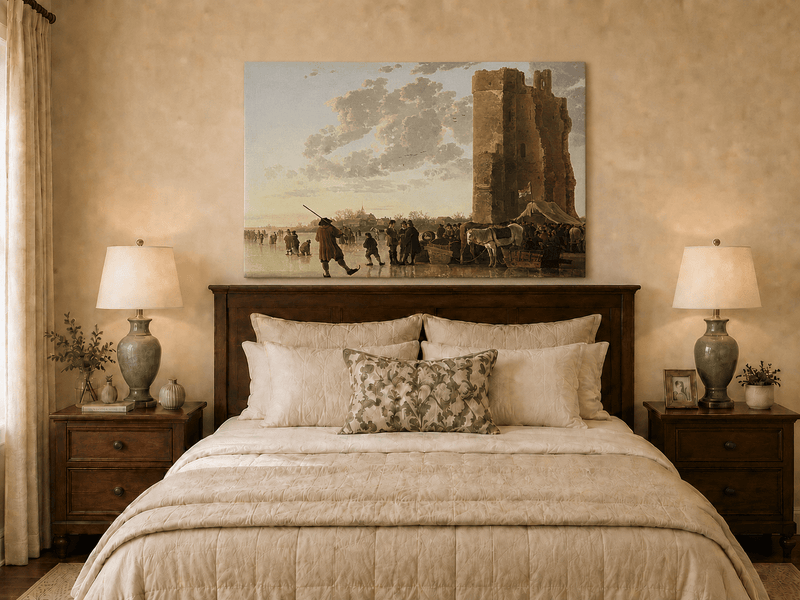 Peinture à l'huile de paysage - Homme à dos d'âne, femme, chien et champ rural