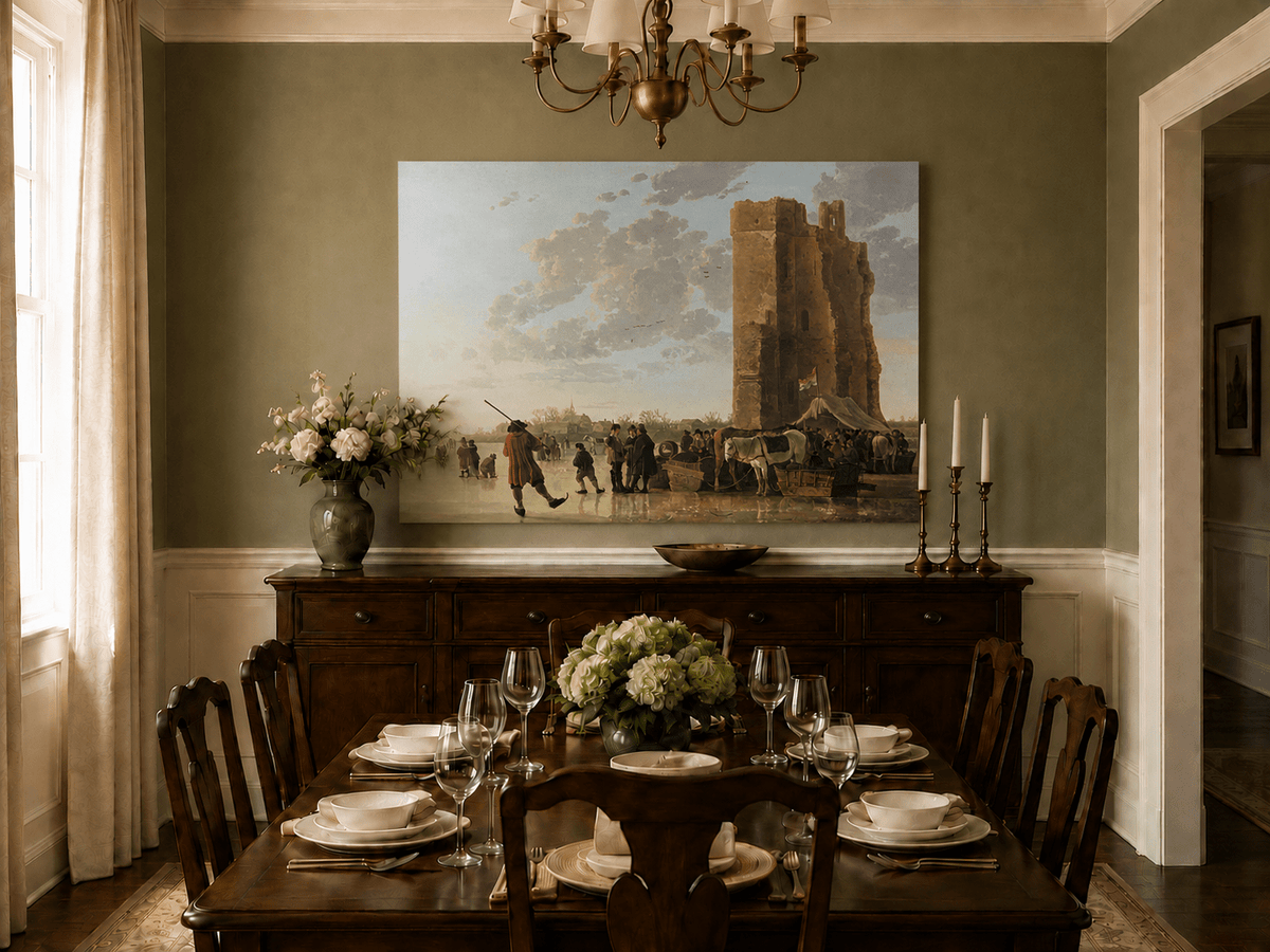 Peinture à l'huile de paysage - Homme à dos d'âne, femme, chien et champ rural