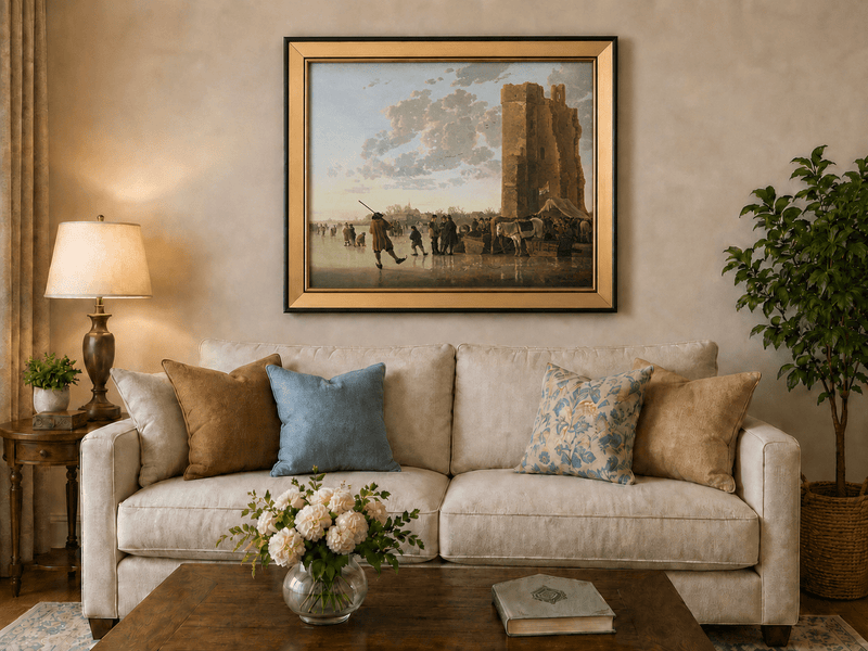 Peinture à l'huile de paysage - Homme à dos d'âne, femme, chien et champ rural