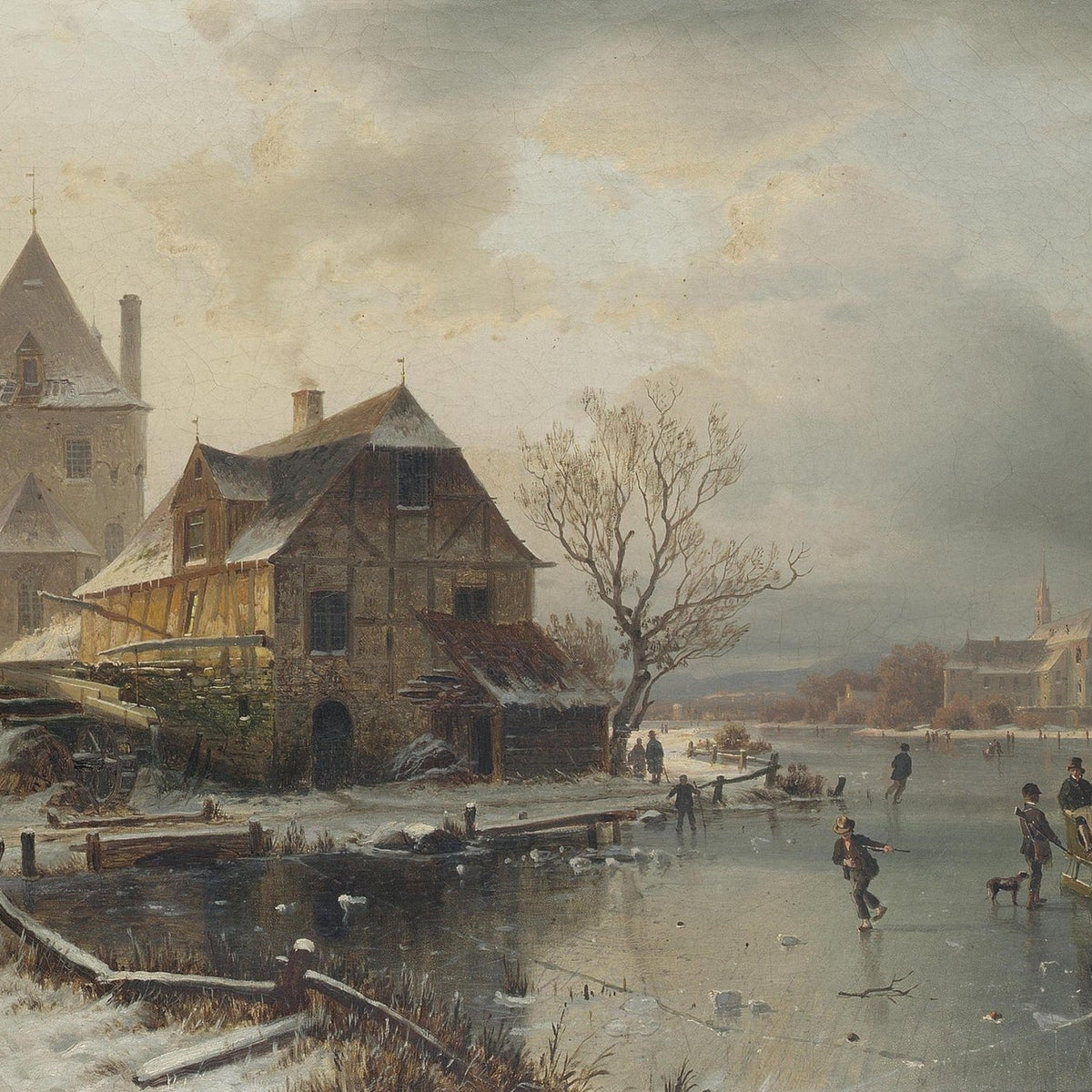 Winter Town, Frozen River with Figures – Hand - Painted Oil Painting - Oil Painting Haven