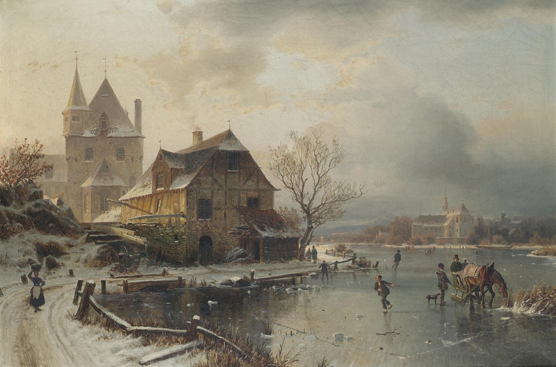 Winter Town, Frozen River with Figures – Hand - Painted Oil Painting - Oil Painting Haven