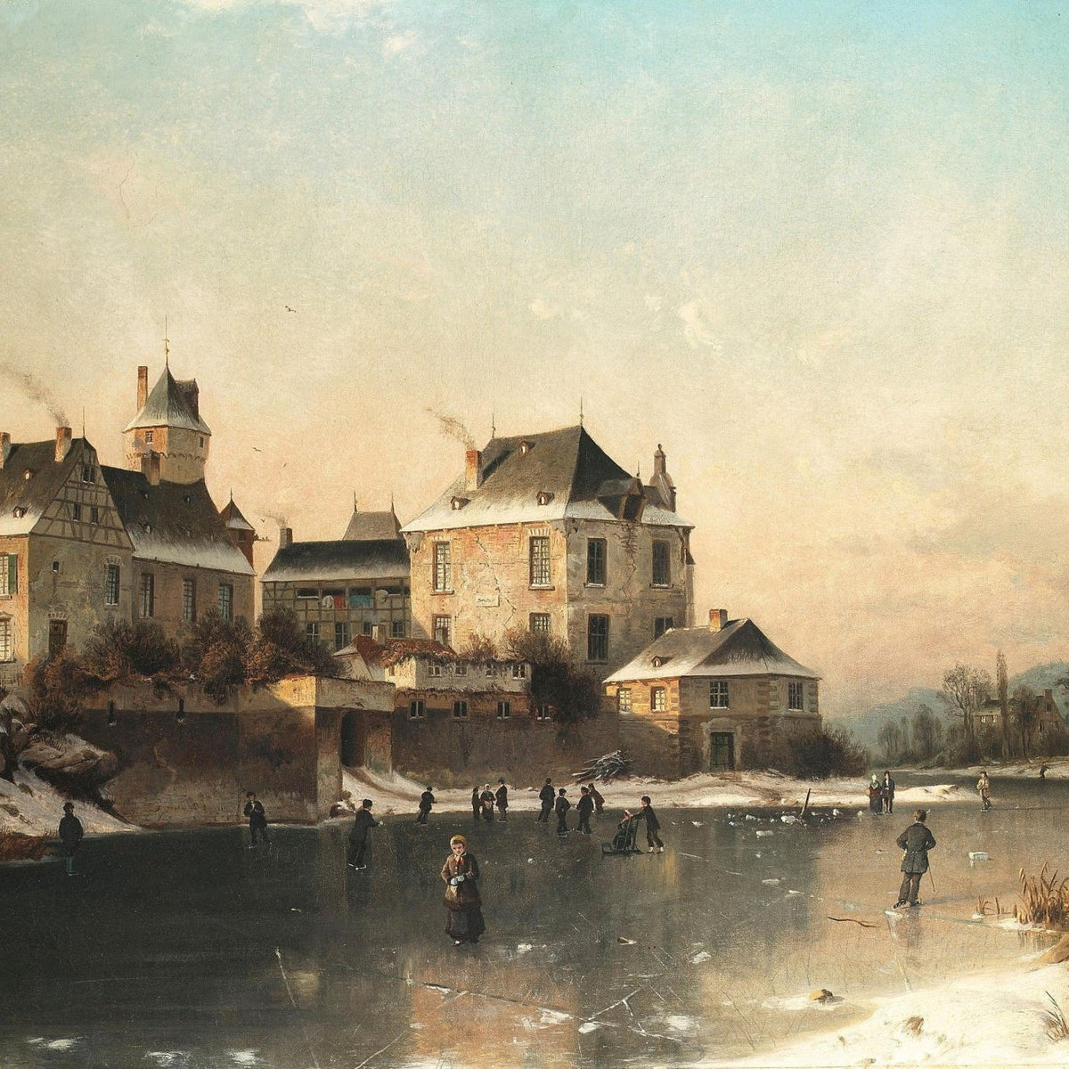Winter Town with Frozen Lake, Figures – Hand - Painted Oil Painting - Oil Painting Haven