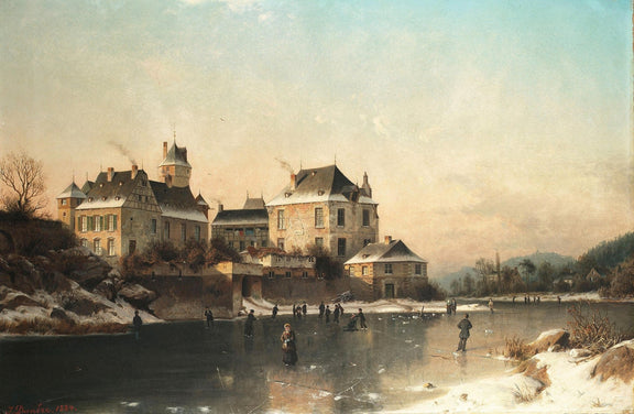 Winter Town with Frozen Lake, Figures – Hand - Painted Oil Painting - Oil Painting Haven