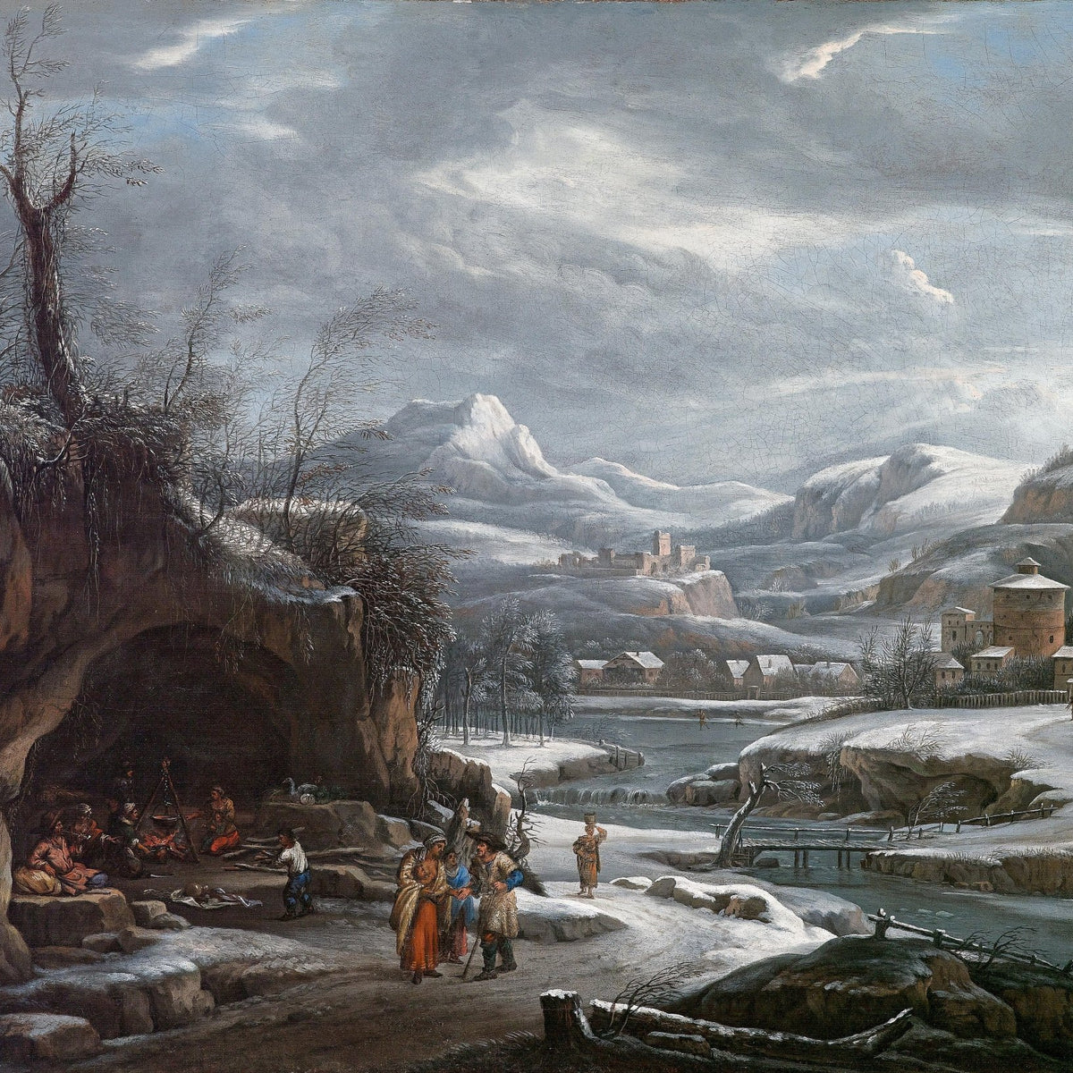 Winter Valley with River, Village, and Figures – Landscape Oil Painting - Oil Painting Haven