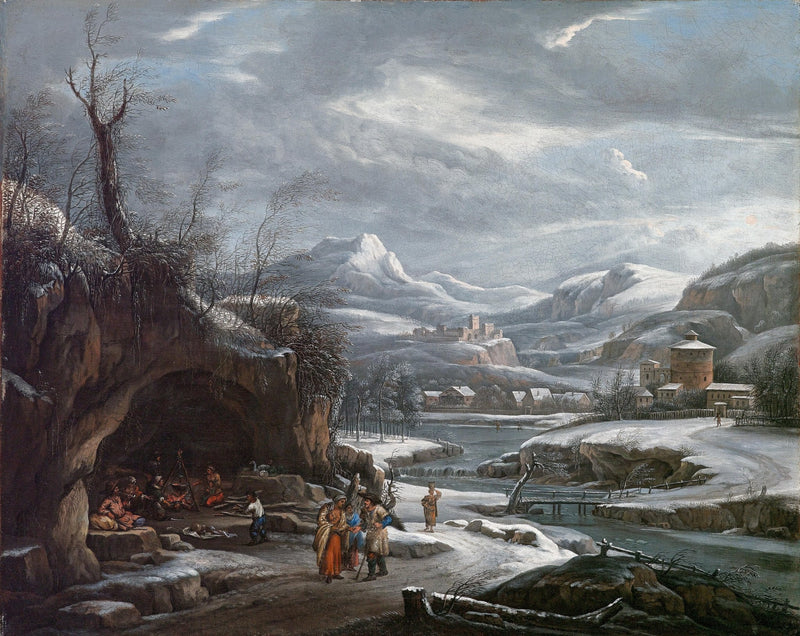 Winter Valley with River, Village, and Figures – Landscape Oil Painting - Oil Painting Haven
