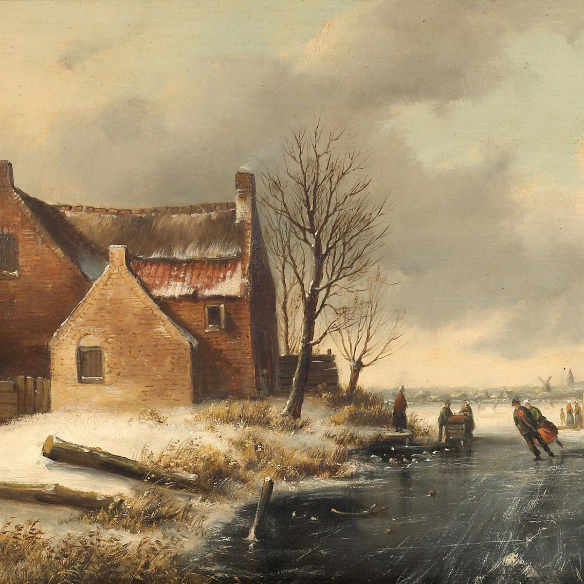 Winter Village by a Frozen River – Hand - Painted Landscape Oil Painting - Oil Painting Haven