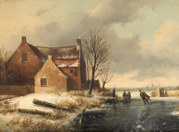 Winter Village by a Frozen River – Hand - Painted Landscape Oil Painting - Oil Painting Haven