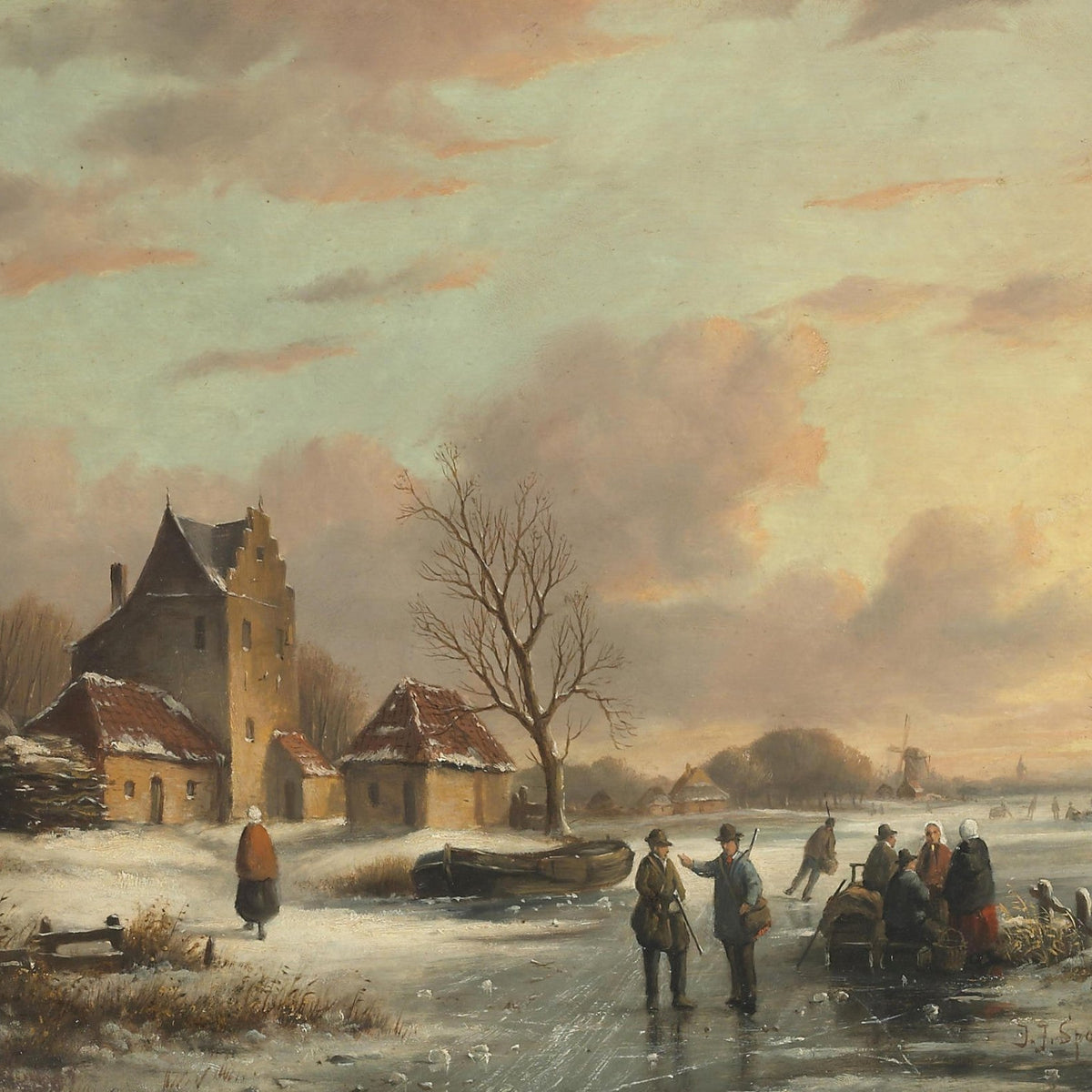 Winter Village by a Frozen River with Figures – Landscape Oil Painting - Oil Painting Haven