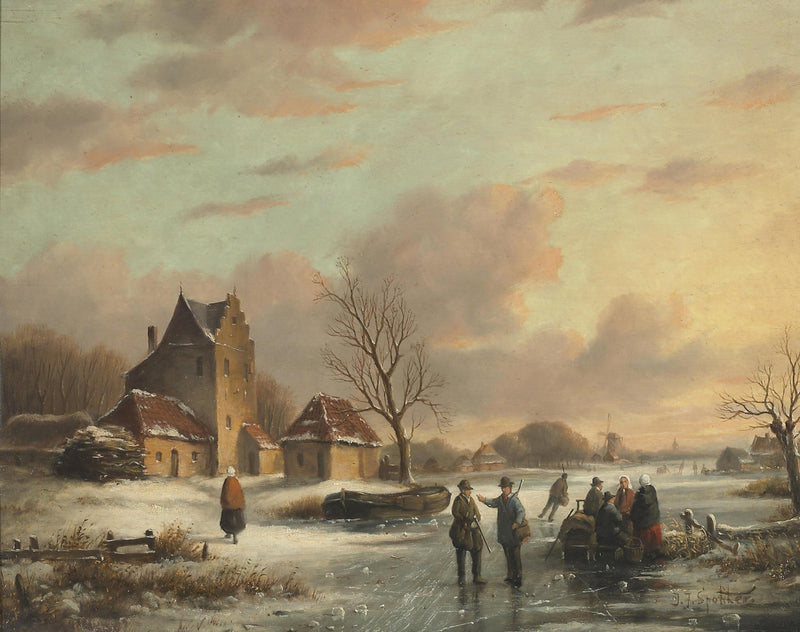 Winter Village by a Frozen River with Figures – Landscape Oil Painting - Oil Painting Haven