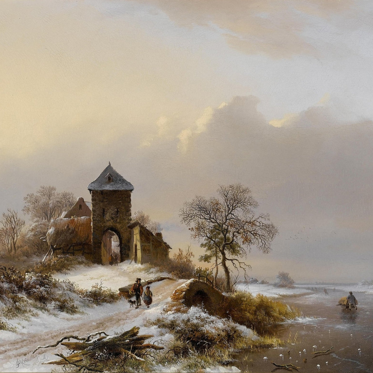 Winter Village Gate and River – Hand - Painted Landscape Oil Painting - Oil Painting Haven