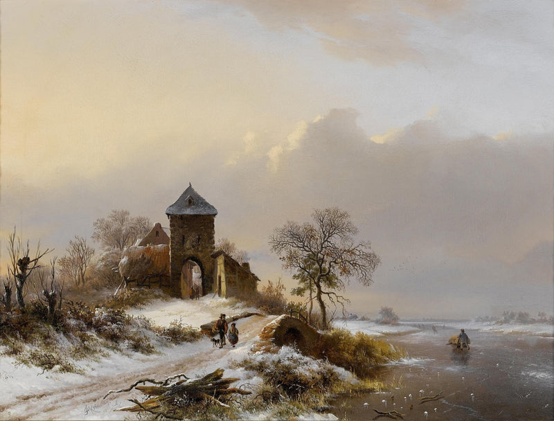 Winter Village Gate and River – Hand - Painted Landscape Oil Painting - Oil Painting Haven