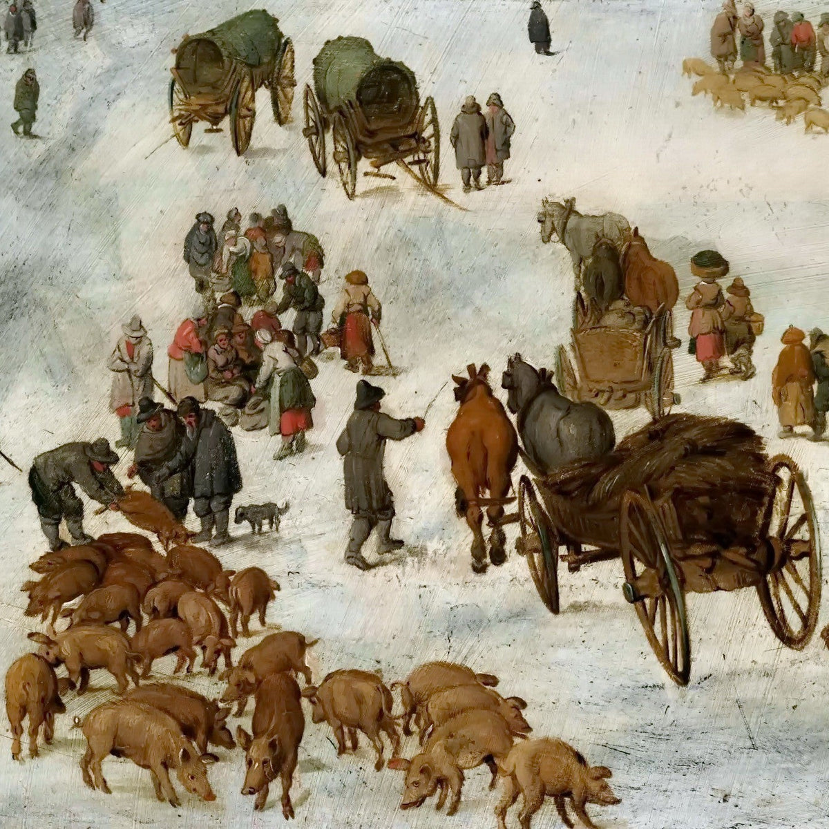 Winter Village Market with Horses and Pigs - People Oil Painting - Oil Painting Haven