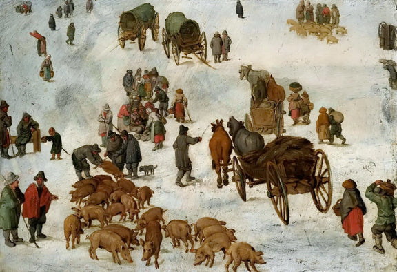 Winter Village Market with Horses and Pigs - People Oil Painting - Oil Painting Haven